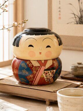 Vintage Japanese Lacquerware Handpainted Kokeshi Doll Stacking Trinket Bento Box